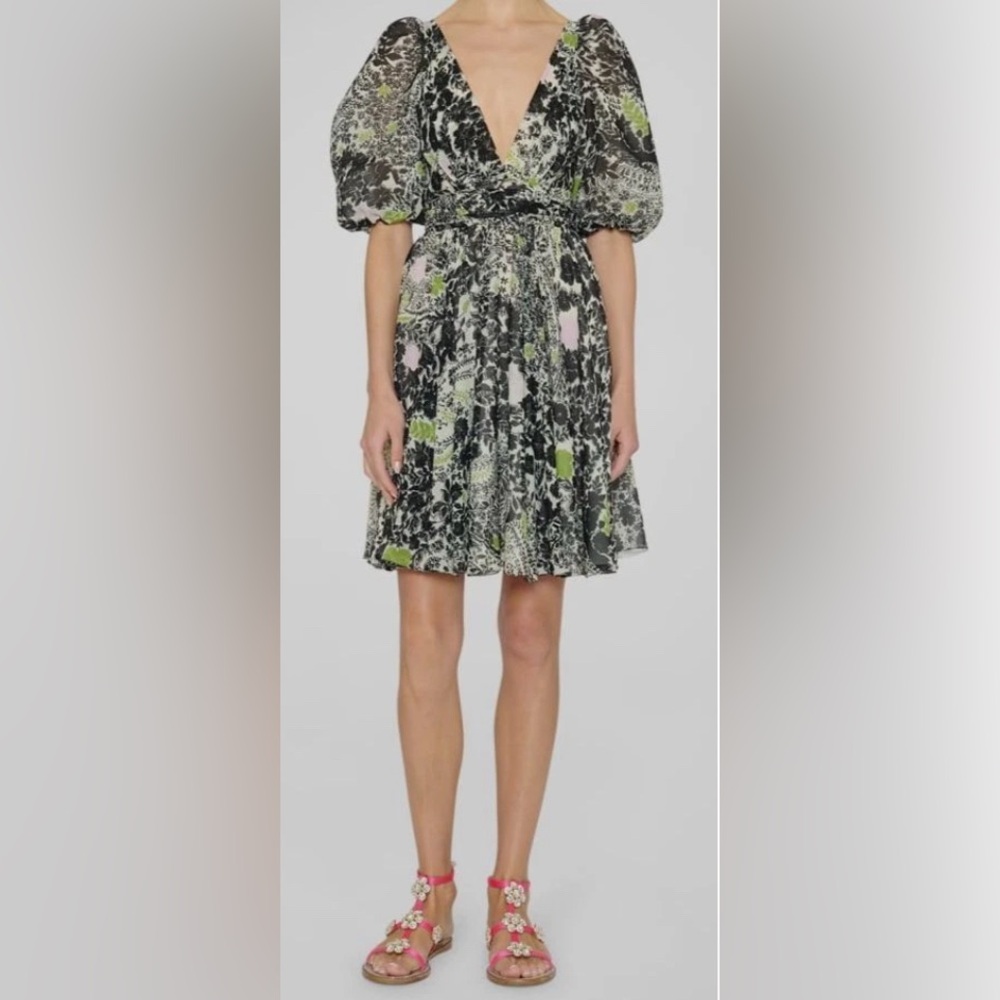 Giambattista Valli Plunging Floral Mini Chiffon Dress Size 46/US 10 NWT $3,350